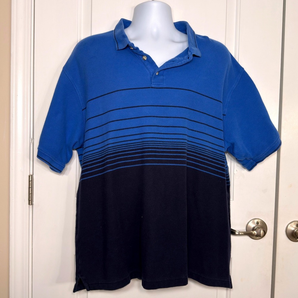 Trader Bay Polo Shirt Mens 2XL Blue Navy Striped Cotton Pique Short Sleeve Tee